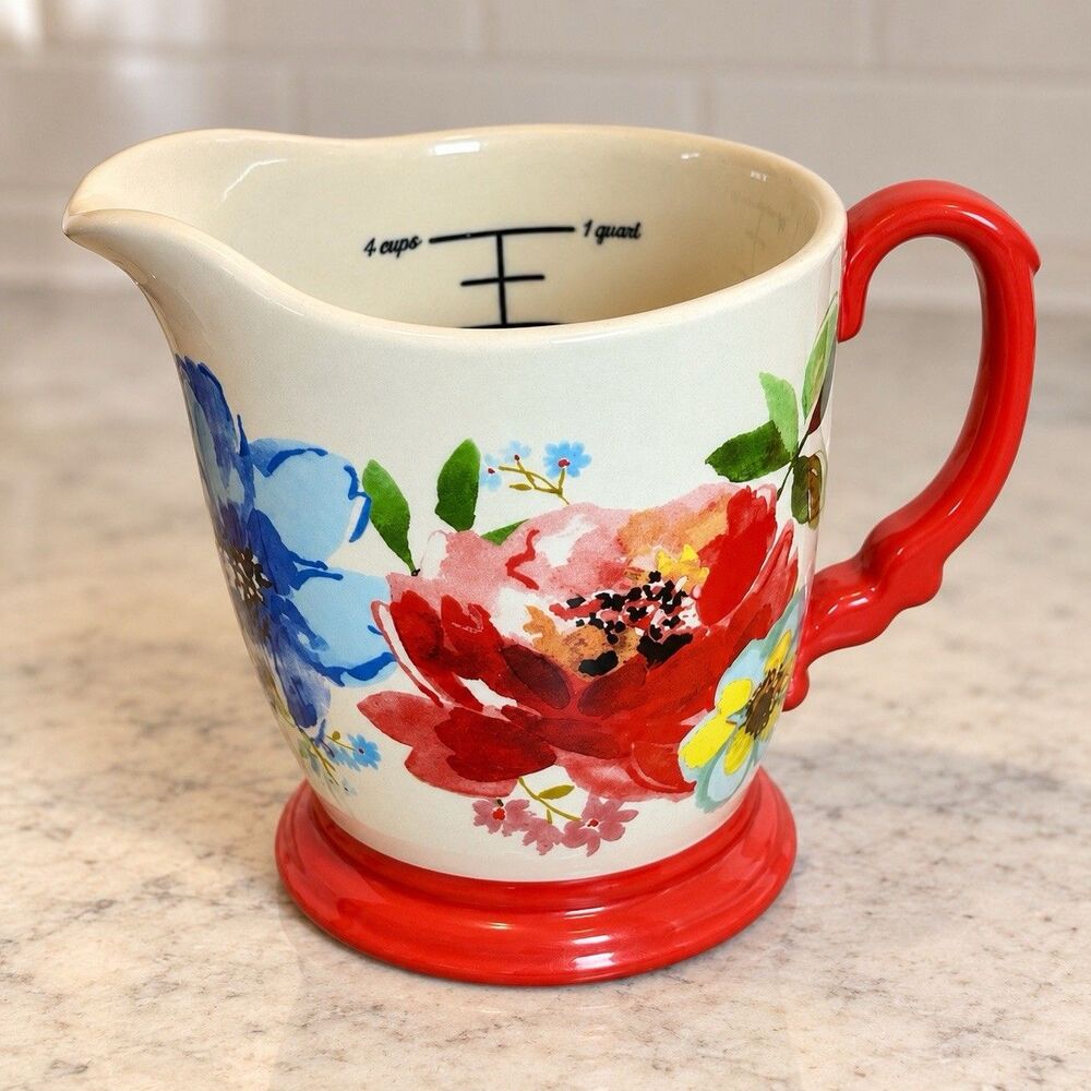 The Pioneer Woman Melody Floral 4 Cup Stoneware Measuring Pitcher Red Handle 1QT